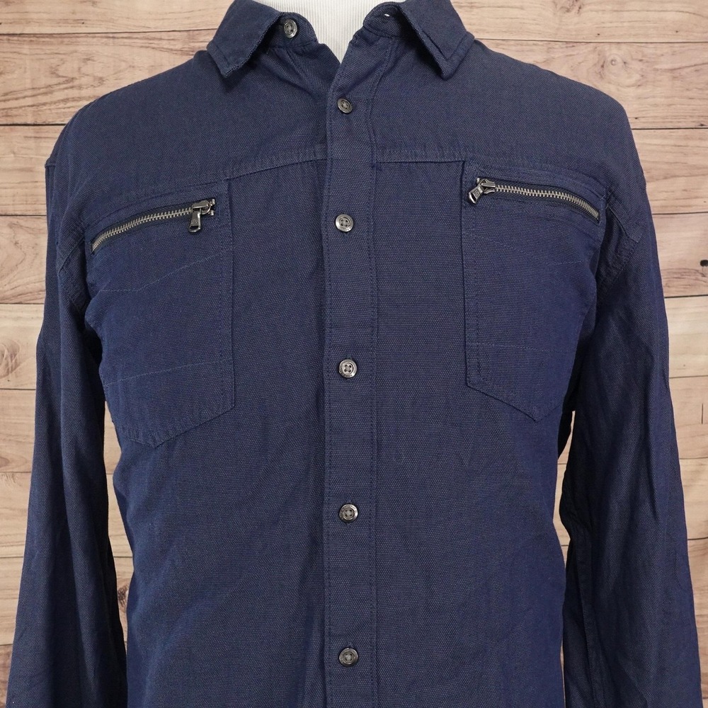 Rock & Republic Shirt Mens 2XL Blue Solid Long Sleeve Button-Up Zip Pockets